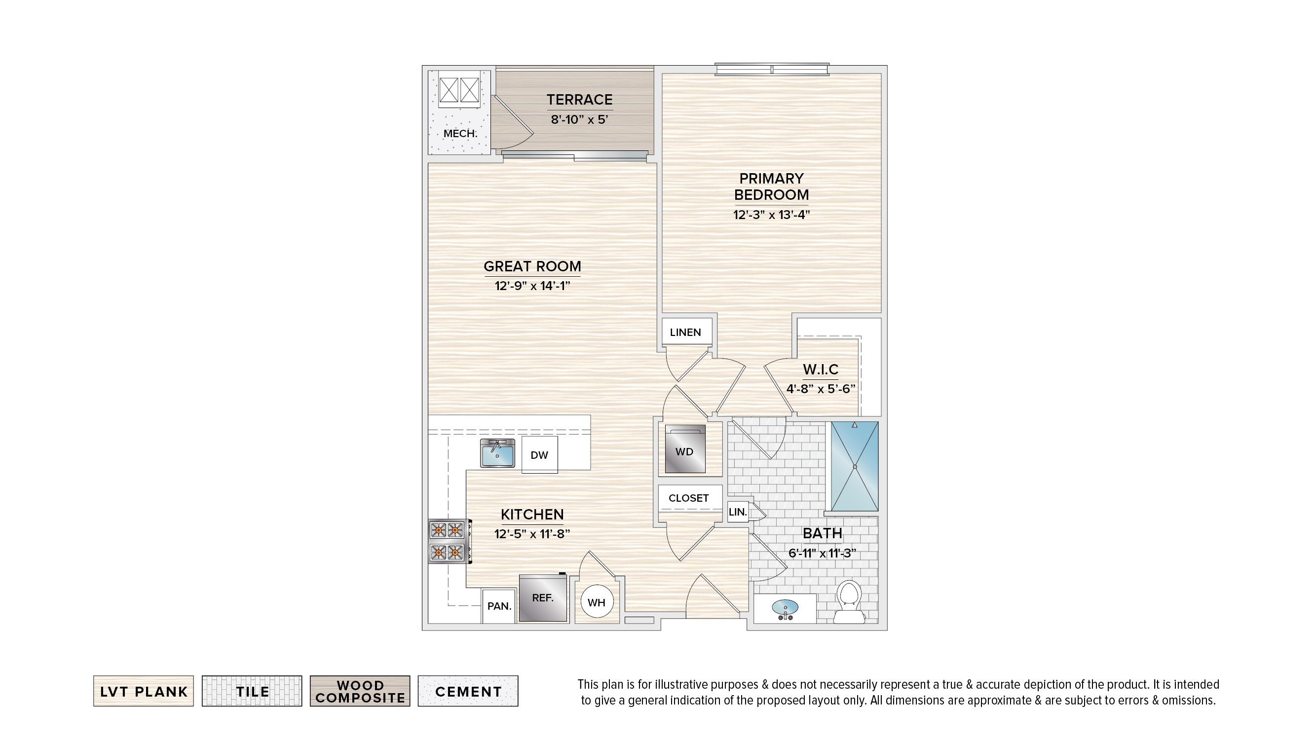 The Alva elevator building apartment floor plan with 1 bedroom, 1 bath and a terrace,,,,,,,,,,,,,,,,,